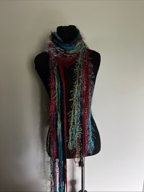 Hand Crafted Multicolor Feathered Fringe Scarf with Teal, Red & Lime Accents
